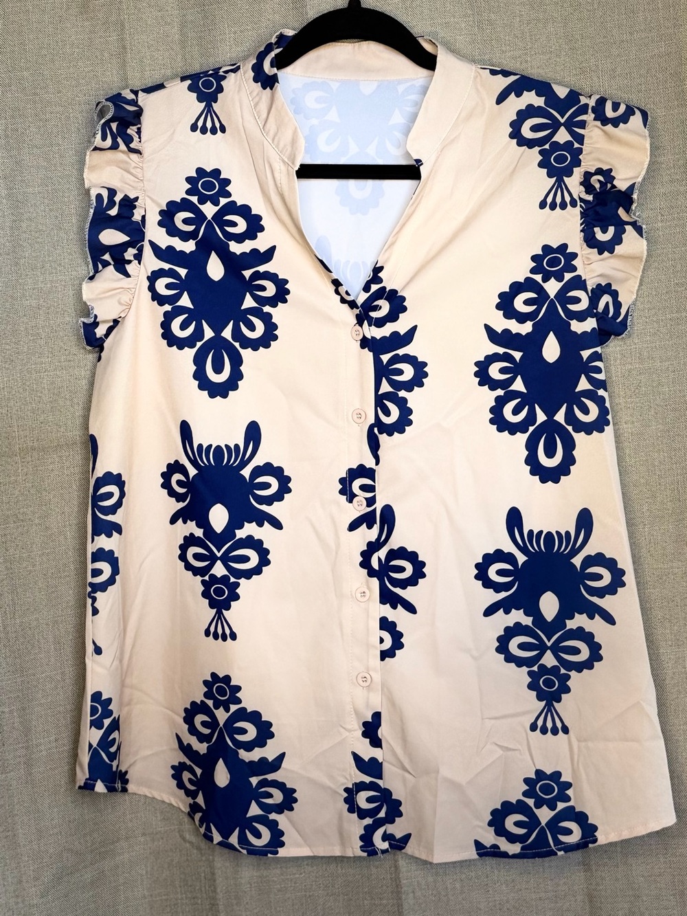 SHEIN Navy Cream Print Ruffle Sleeve Blouse